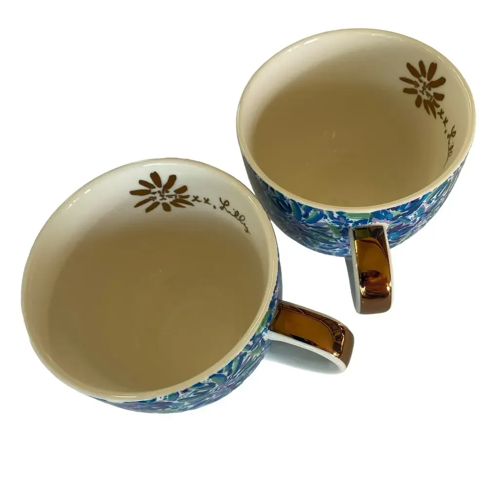 LILLY PULITZER Coffee Cups 2 Mugs Tea Hot Chocolate Ceramic Floral Pair Pretty